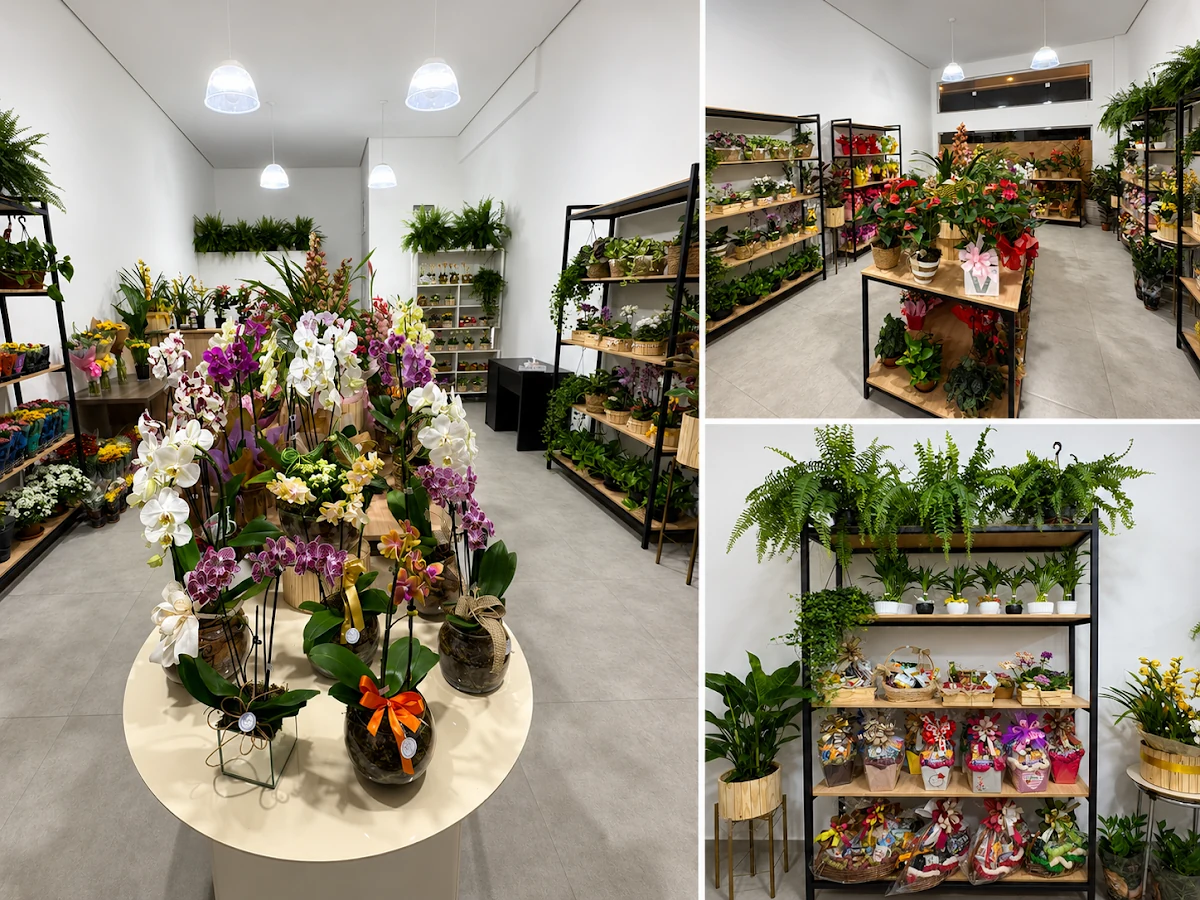 Interior da Meri Fiori com flores, plantas e presentes