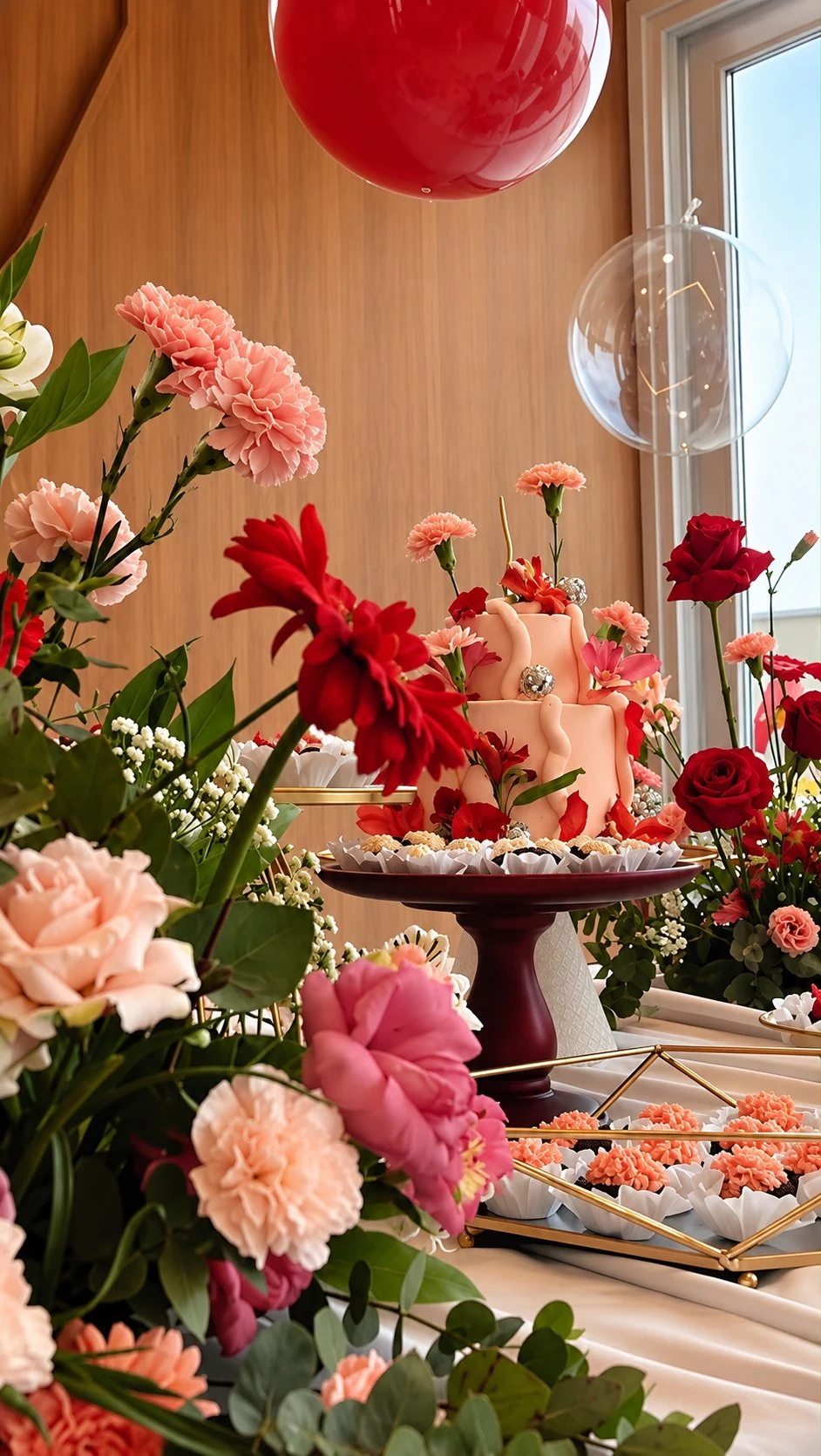 Mesa de doces decorada com bolo, balões e arranjos de flores